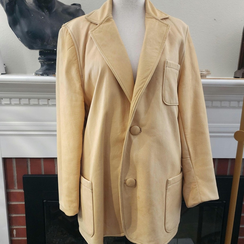 M/L 80s Butter Yellow Soft Leather Jacket Vintage Coat